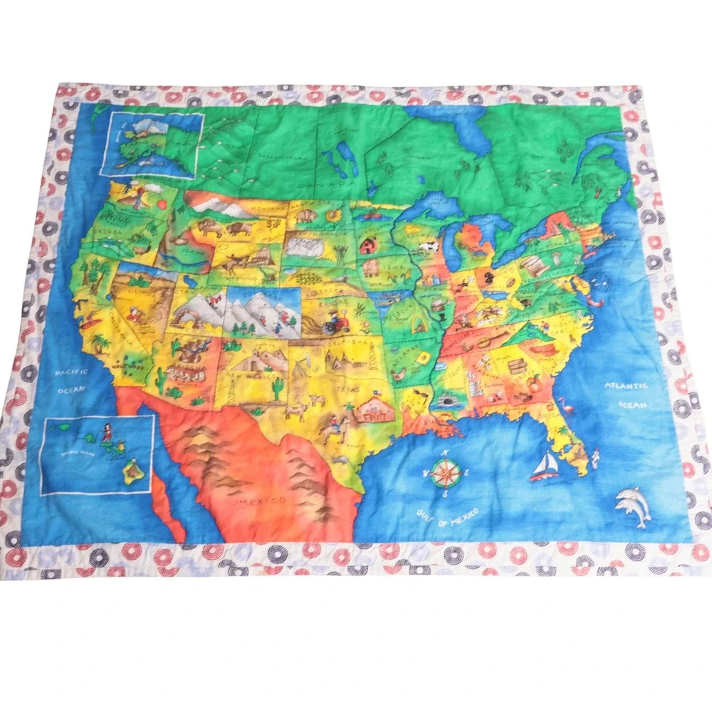 Handmade USA Map Kids Quilt Blanket Educational Geography Americana 44x36